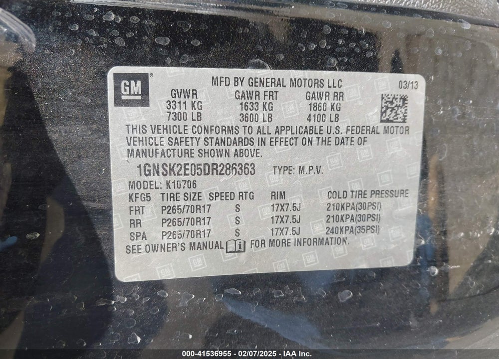 2013 CHEVROLET TAHOE COMMERCIAL FLEET VIN: 1GNSK2E05DR286363