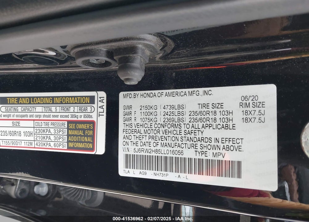 2020 HONDA CR-V VIN: 5J6RW2H85LL016056
