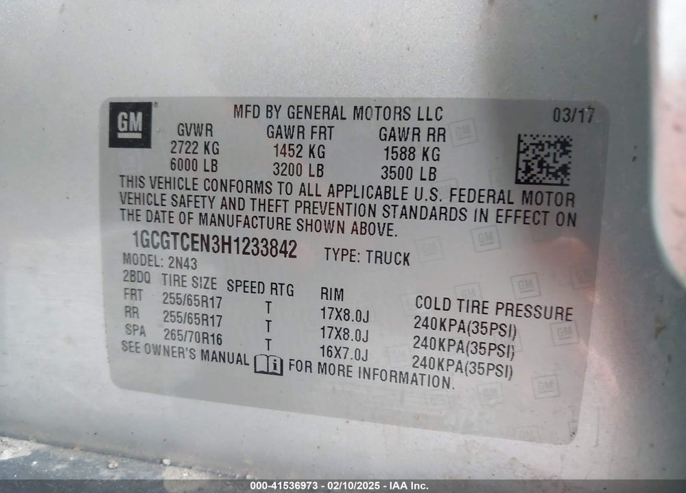 2017 CHEVROLET COLORADO VIN: 1GCGTCEN3H1233842
