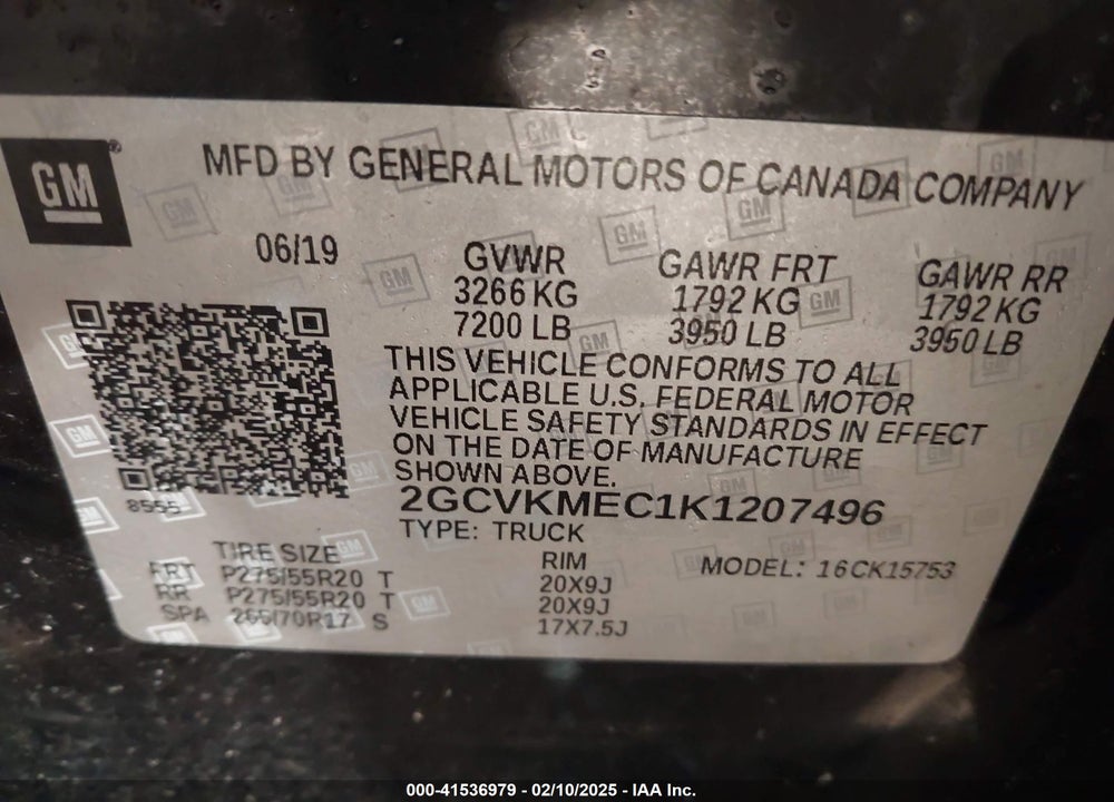 2019 CHEVROLET SILVERADO 1500 LD VIN: 2GCVKMEC1K1207496