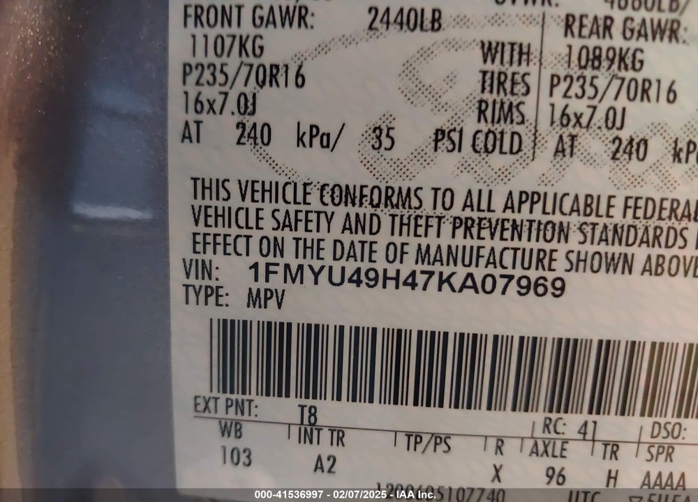2007 FORD ESCAPE HYBRID VIN: 1FMYU49H47KA07969