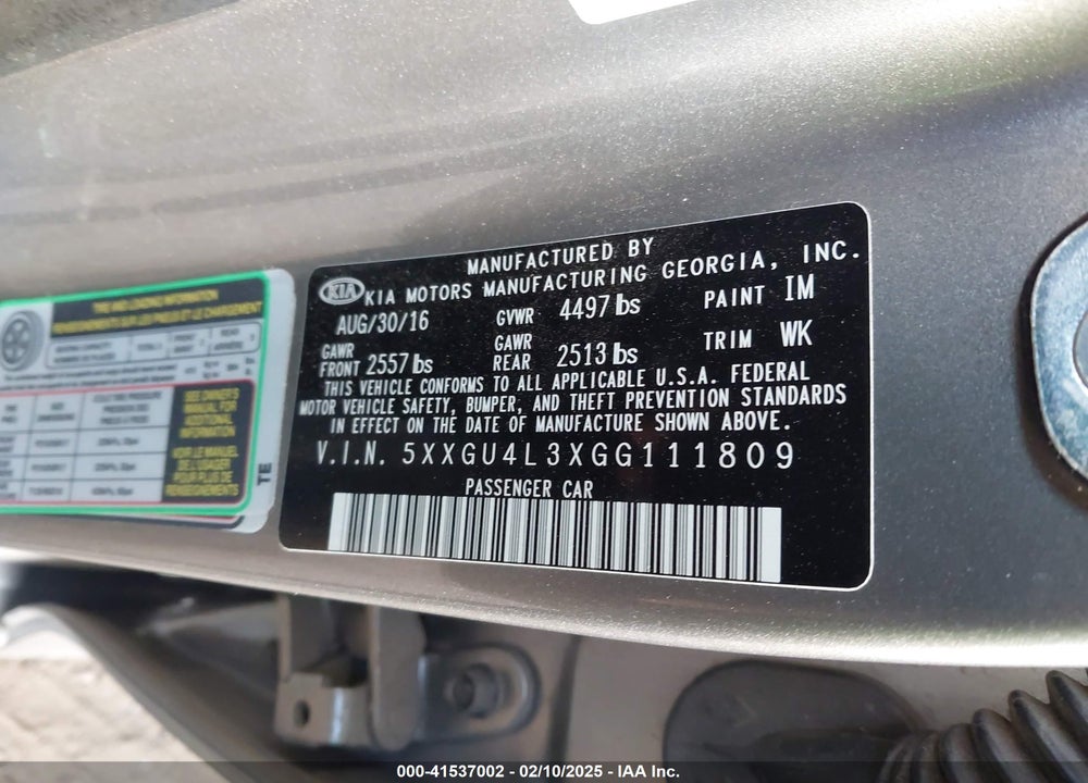 2016 KIA OPTIMA VIN: 5XXGU4L3XGG111809