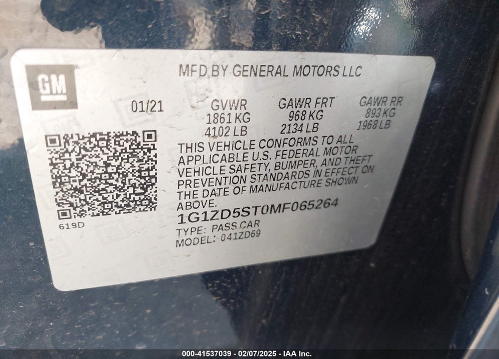 2021 CHEVROLET MALIBU FWD LT VIN: 1G1ZD5ST0MF065264