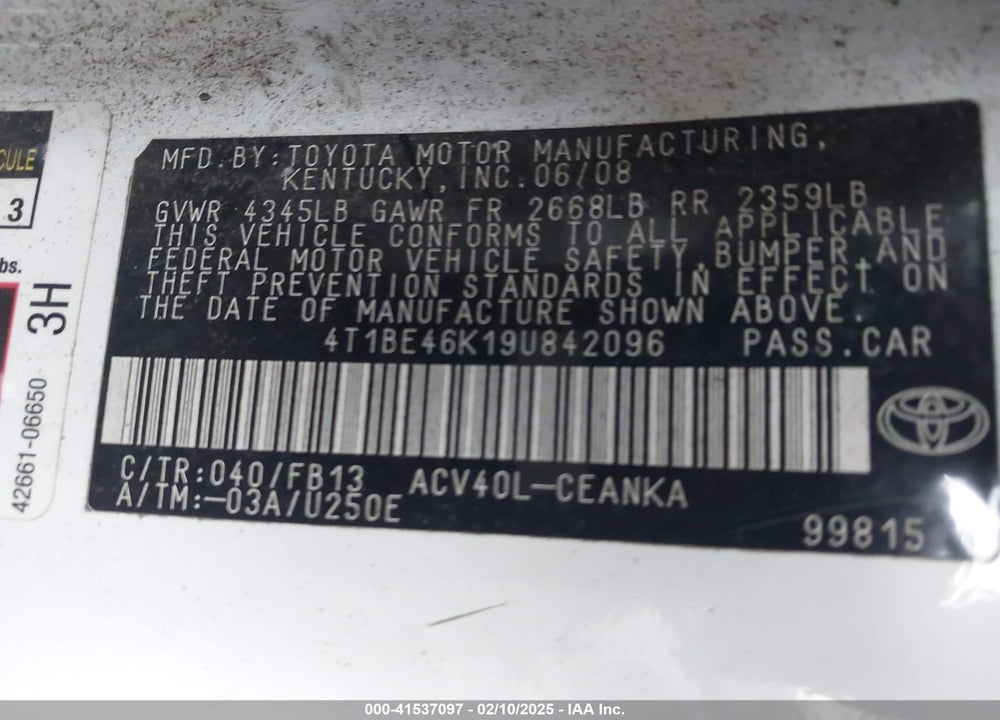 2009 TOYOTA CAMRY VIN: 4T1BE46K19U842096
