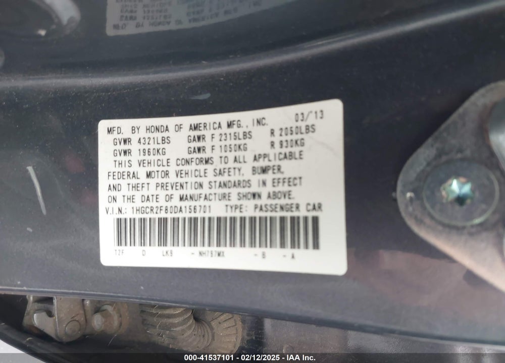 2013 HONDA ACCORD VIN: 1HGCR2F80DA156701