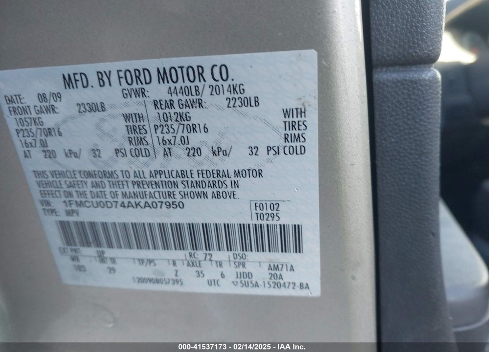 2010 FORD ESCAPE VIN: 1FMCU0D74AKA07950