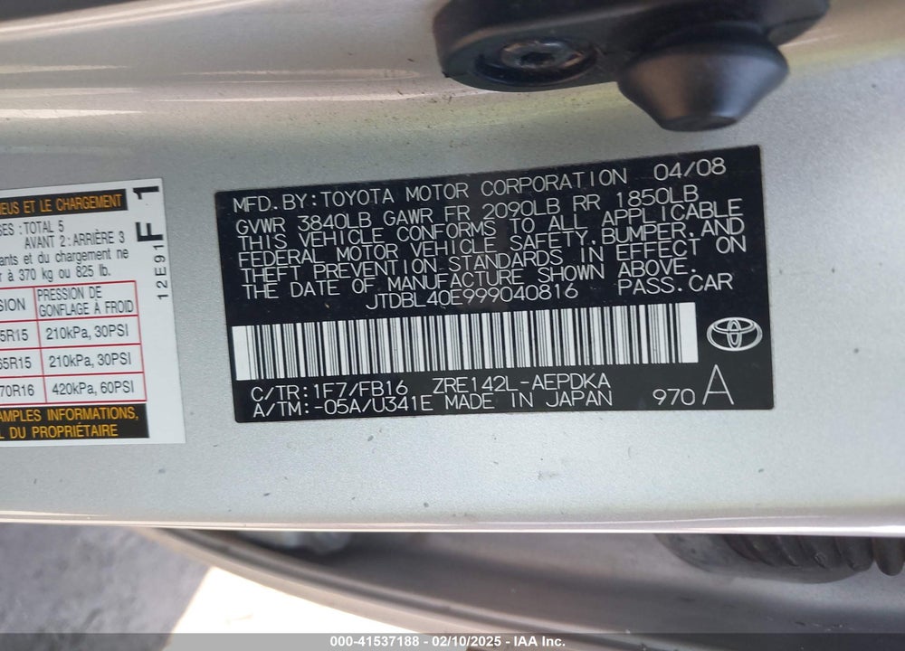 2009 TOYOTA COROLLA VIN: JTDBL40E999040816
