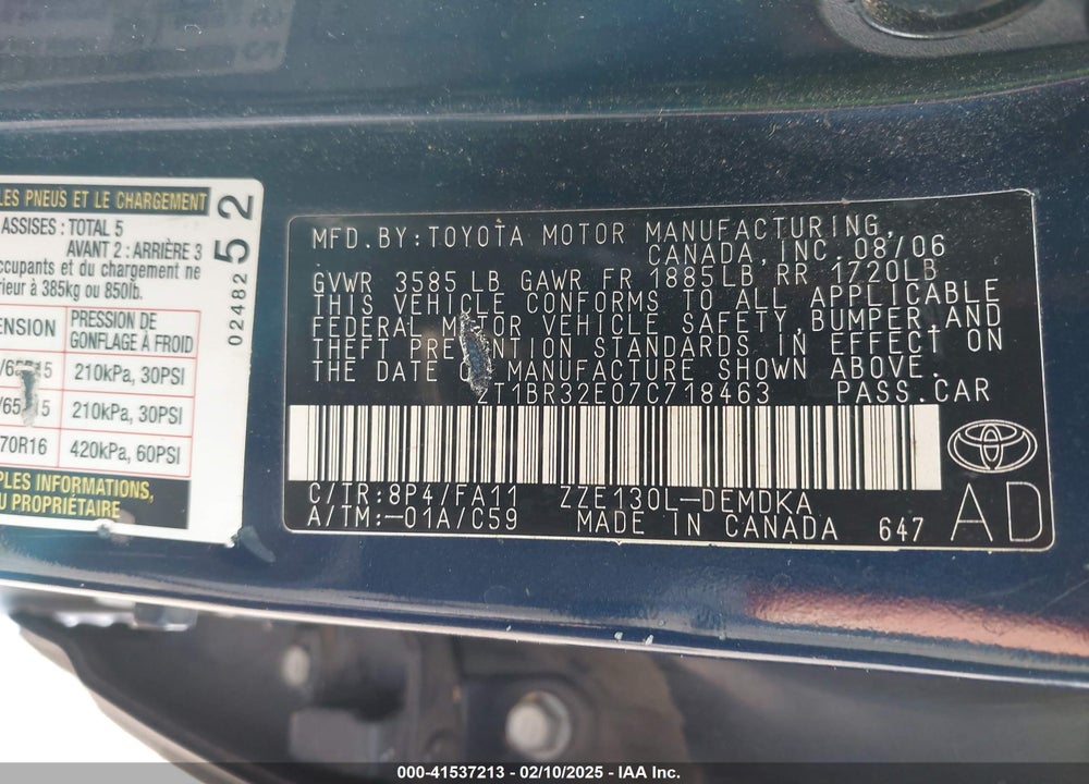 2007 TOYOTA COROLLA VIN: 2T1BR32E07C718463