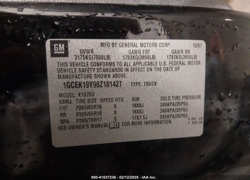 2008 CHEVROLET SILVERADO 1500 LT1 VIN: 1GCEK19Y98Z181427