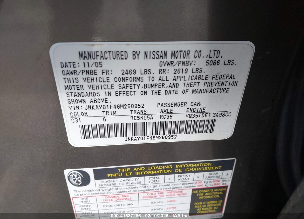 2006 INFINITI M35X VIN: JNKAY01F46M260952