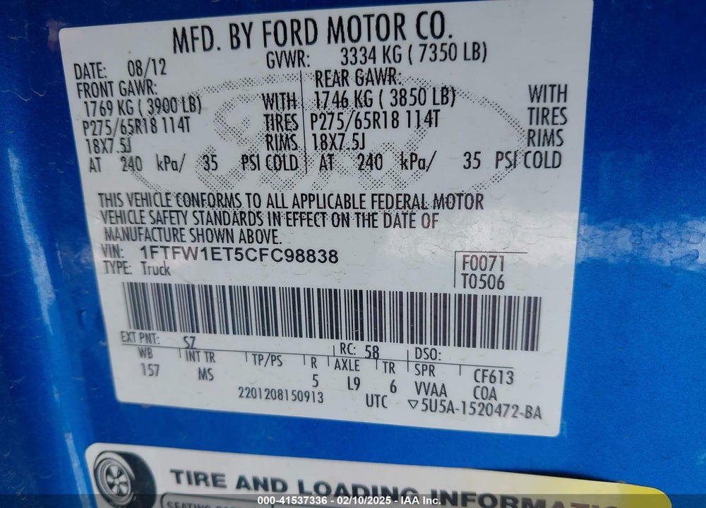 2012 FORD F-150 VIN: 1FTFW1ET5CFC98838