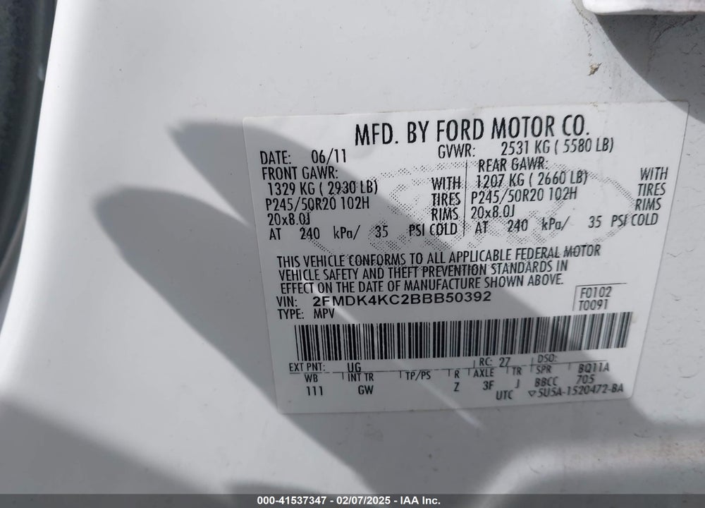 2011 FORD EDGE LIMITED VIN: 2FMDK4KC2BBB50392