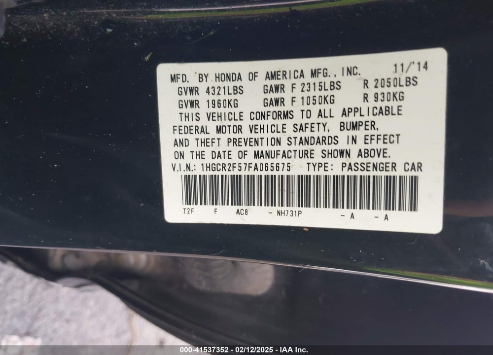 2015 HONDA ACCORD SPORT VIN: 1HGCR2F57FA065675