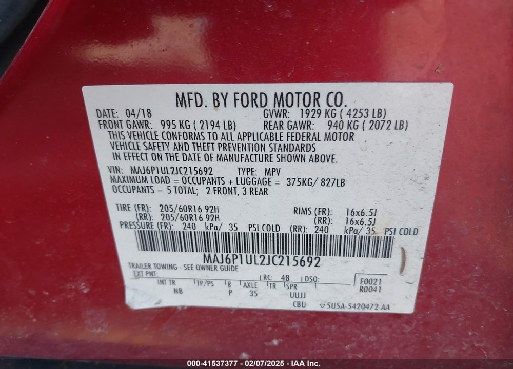 2018 FORD ECOSPORT VIN: MAJ6P1UL2JC215692