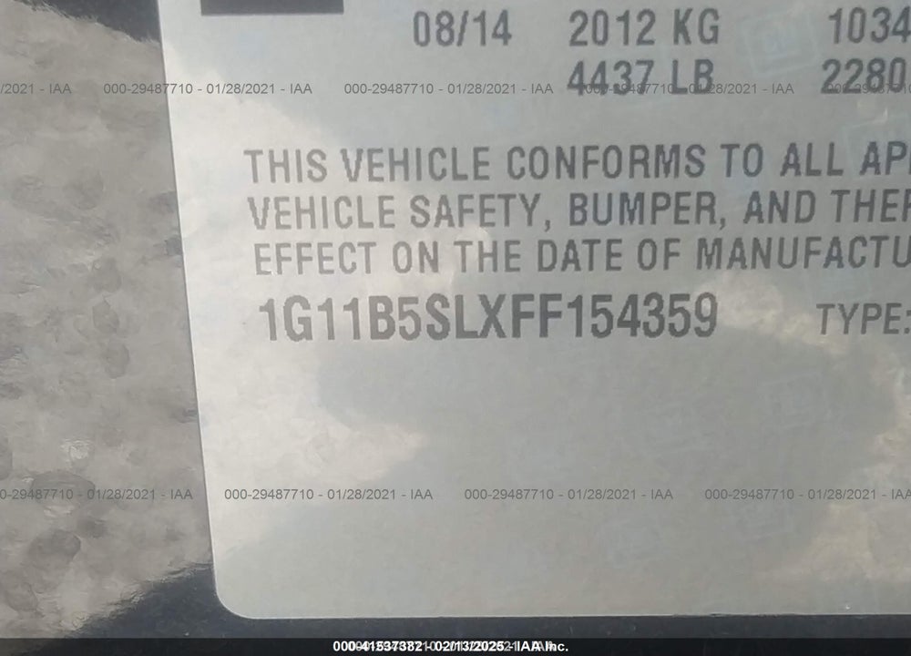 2015 CHEVROLET MALIBU VIN: 1G11B5SLXFF154359