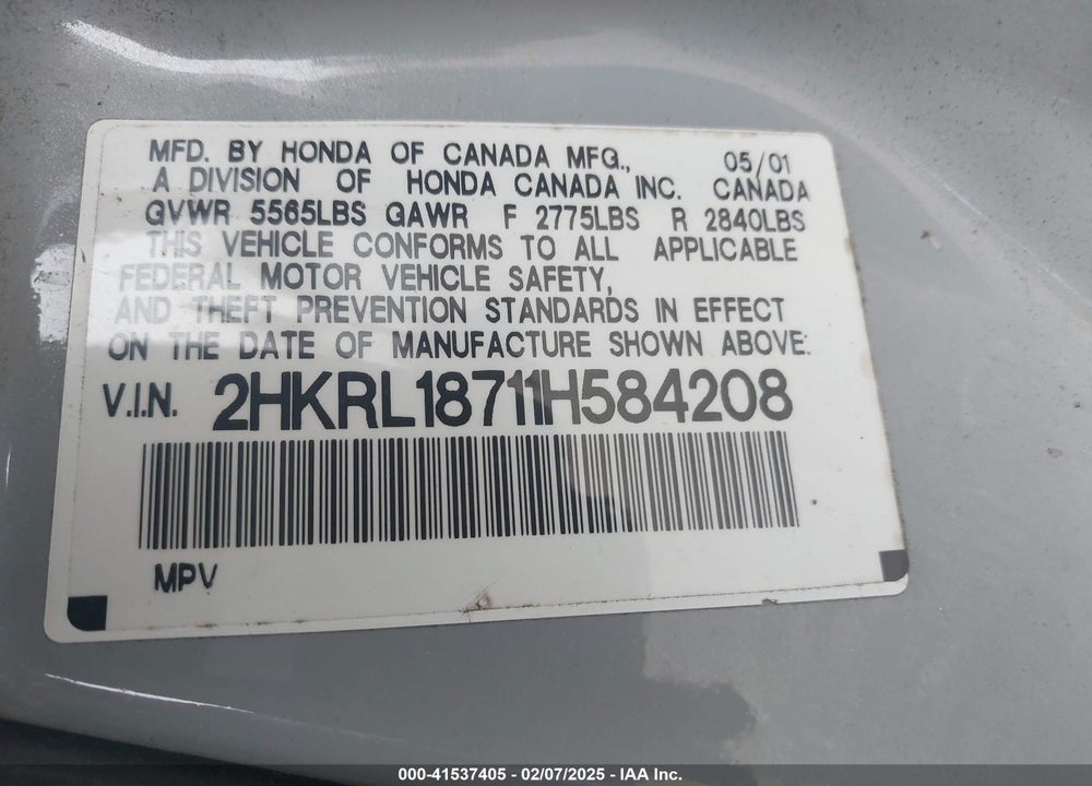 2001 HONDA ODYSSEY EX VIN: 2HKRL18711H584208