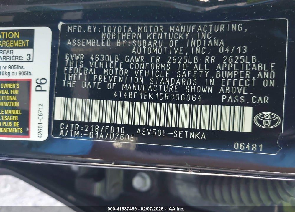 2013 TOYOTA CAMRY VIN: 4T4BF1FK1DR306064