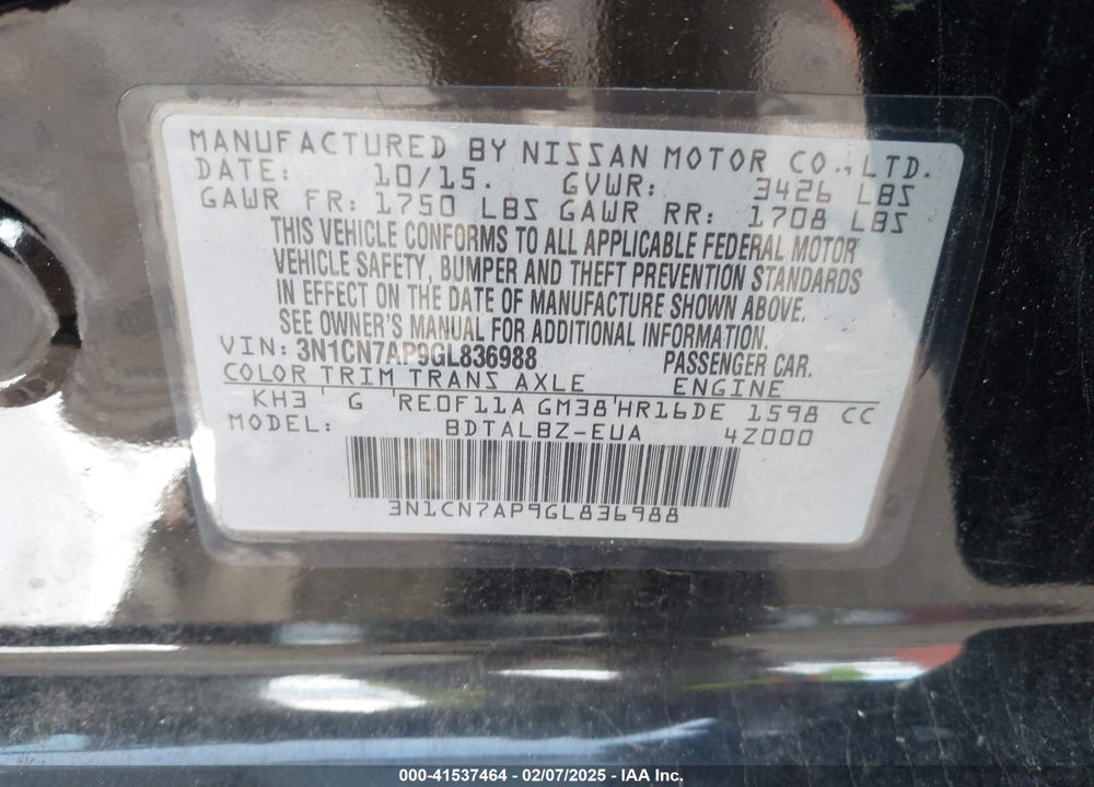 2016 NISSAN VERSA 1.6 SV VIN: 3N1CN7AP9GL836988