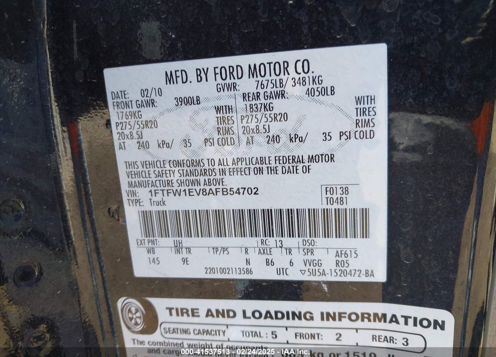 2010 FORD F150 VIN: 1FTFW1EV8AFB54702