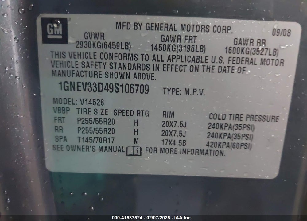2009 CHEVROLET TRAVERSE LTZ VIN: 1GNEV33D49S106709