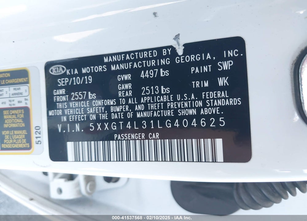 2020 KIA OPTIMA VIN: 5XXGT4L31LG404625