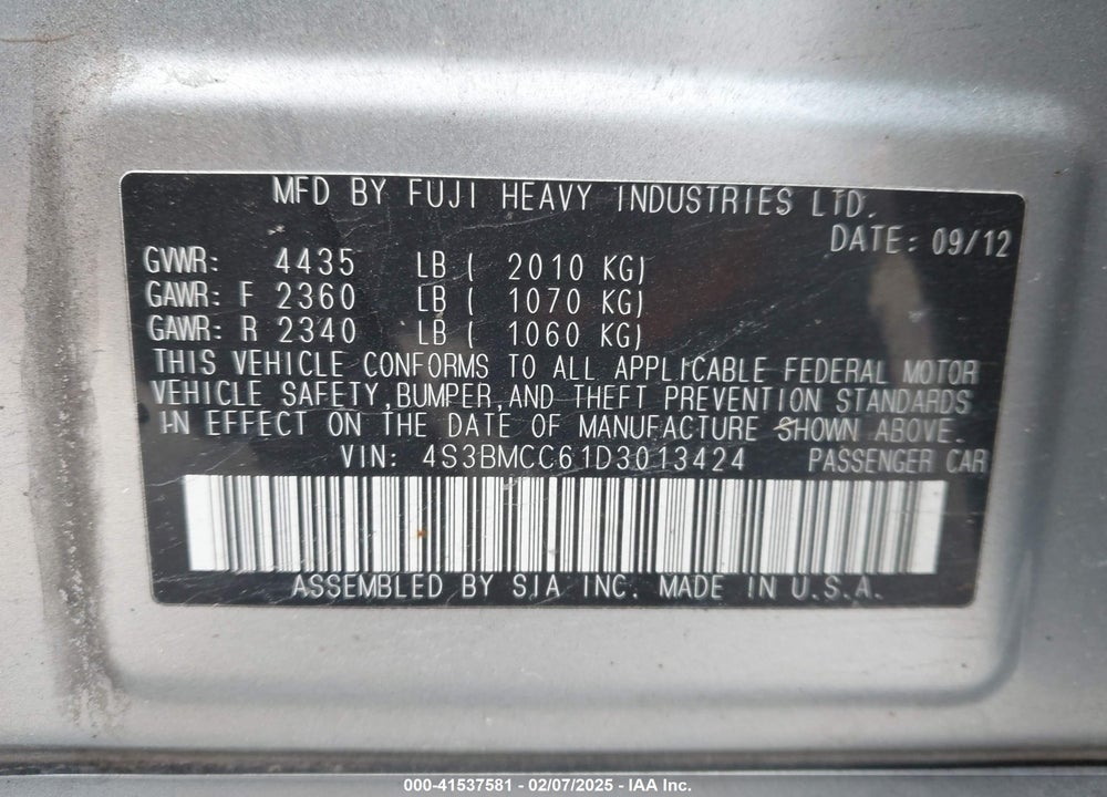2013 SUBARU LEGACY VIN: 4S3BMCC61D3013424