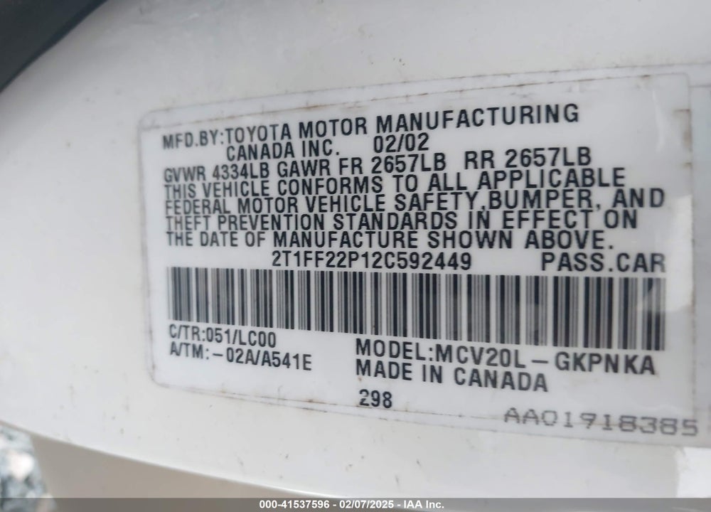 2002 TOYOTA CAMRY SOLARA SLE V6 VIN: 2T1FF22P12C592449