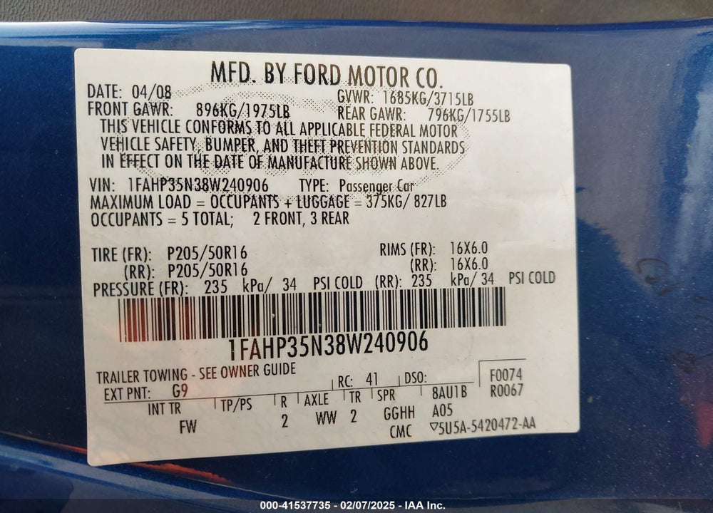 2008 FORD FOCUS SE/SES VIN: 1FAHP35N38W240906