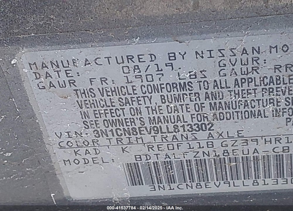 2020 NISSAN VERSA VIN: 3N1CN8EV9LL813302