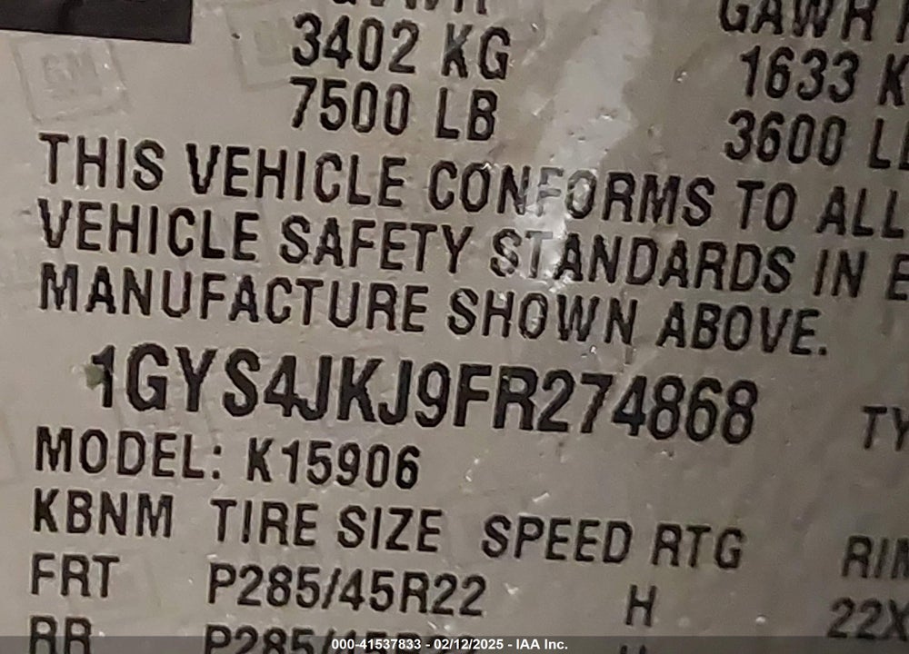 2015 CADILLAC ESCALADE ESV VIN: 1GYS4JKJ9FR274868