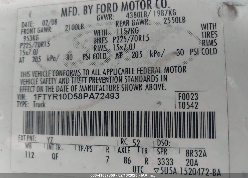 2008 FORD RANGER VIN: 1FTYR10D58PA72493