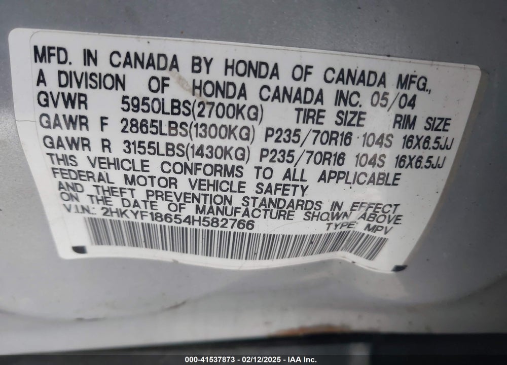 2004 HONDA PILOT EX-L VIN: 2HKYF18654H582766