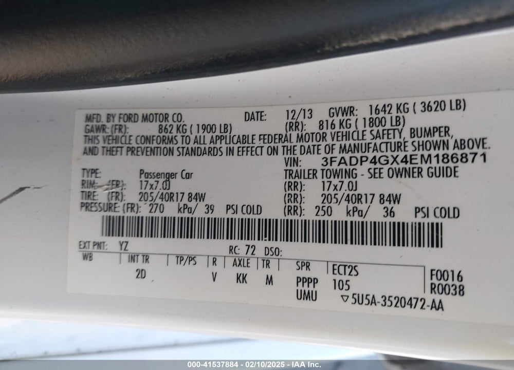 2014 FORD FIESTA VIN: 3FADP4GX4EM186871