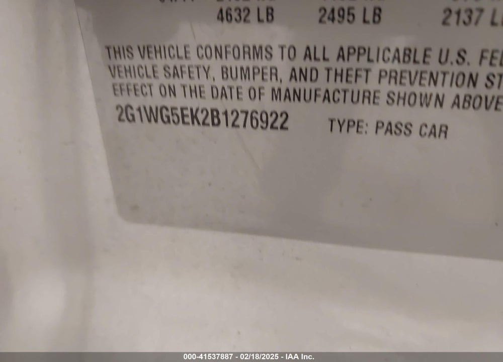 2011 CHEVROLET IMPALA VIN: 2G1WG5EK2B1276922