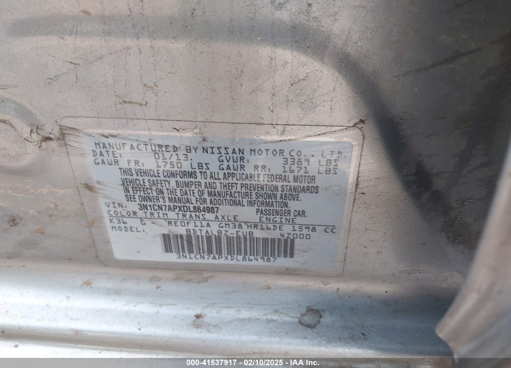 2013 NISSAN VERSA VIN: 3N1CN7APXDL864987