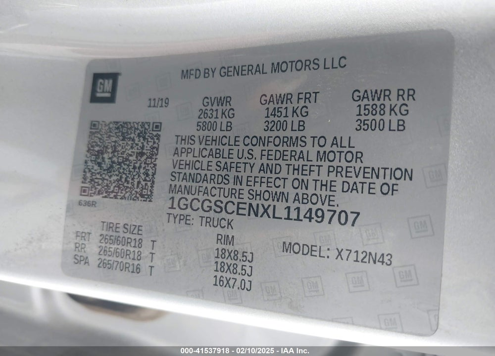 2020 CHEVROLET COLORADO 2WD SHORT BOX LT VIN: 1GCGSCENXL1149707