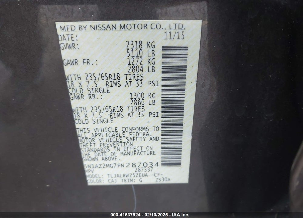 2015 NISSAN MURANO PLATINUM/S/SL/SV VIN: 5N1AZ2MG7FN287034