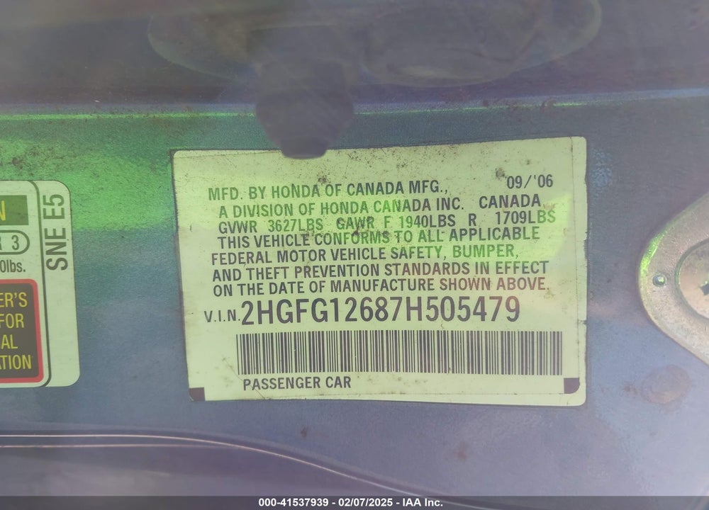 2007 HONDA CIVIC LX VIN: 2HGFG12687H505479