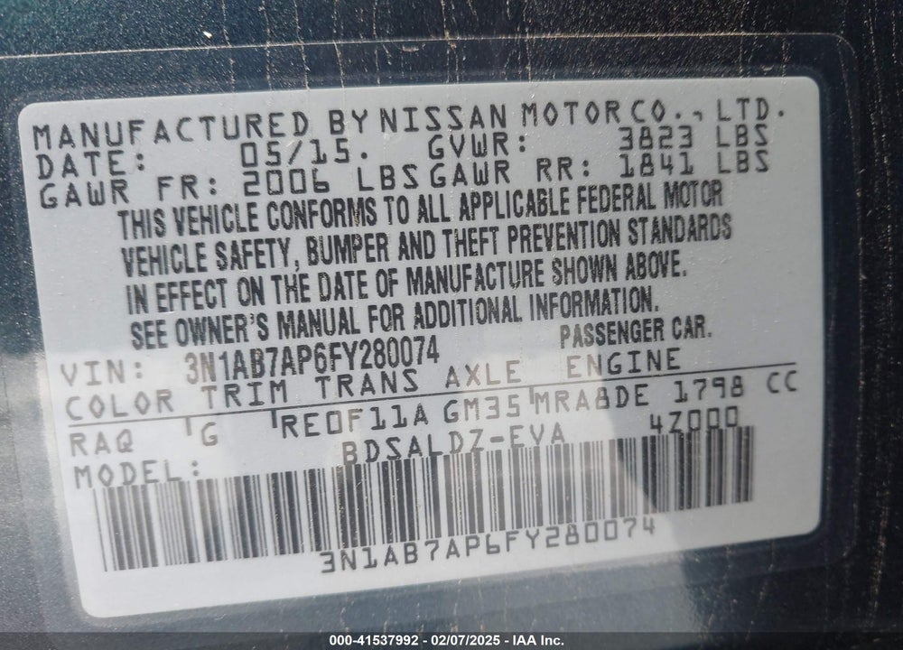 2015 NISSAN SENTRA SV VIN: 3N1AB7AP6FY280074