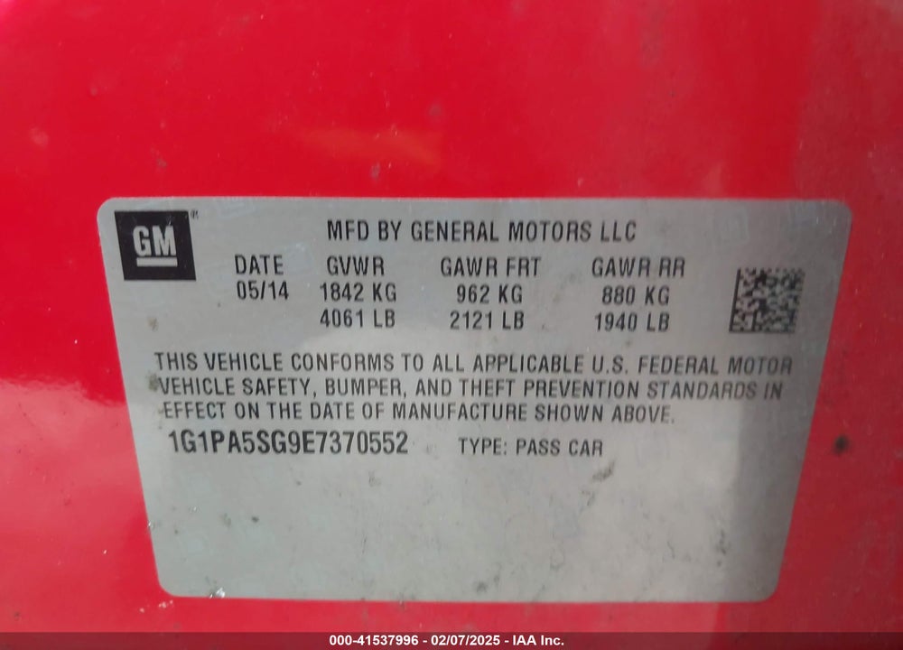 2014 CHEVROLET CRUZE LS AUTO VIN: 1G1PA5SG9E7370552