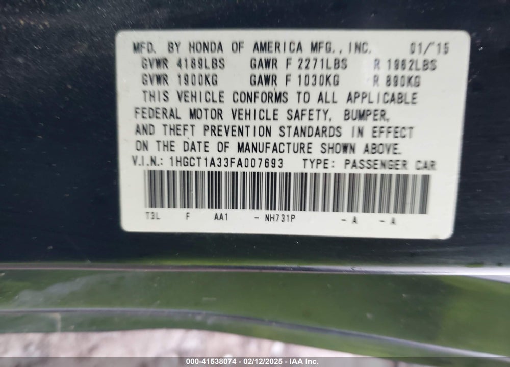 2015 HONDA ACCORD LX-S VIN: 1HGCT1A33FA007693