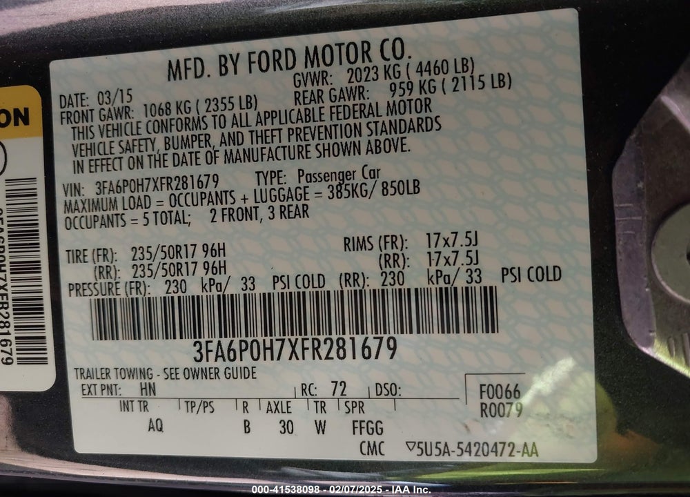 2015 FORD FUSION VIN: 3FA6P0H7XFR281679