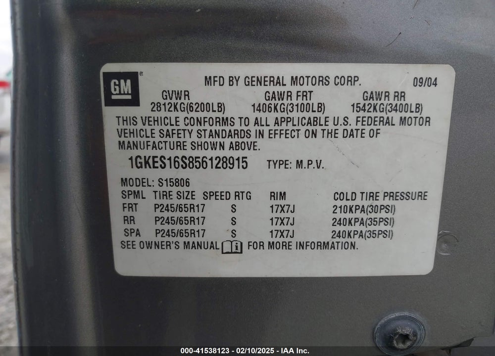 2005 GMC ENVOY XL VIN: 1GKES16S856128915
