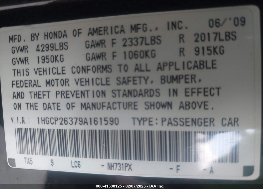 2009 HONDA ACCORD VIN: 1HGCP26379A161590