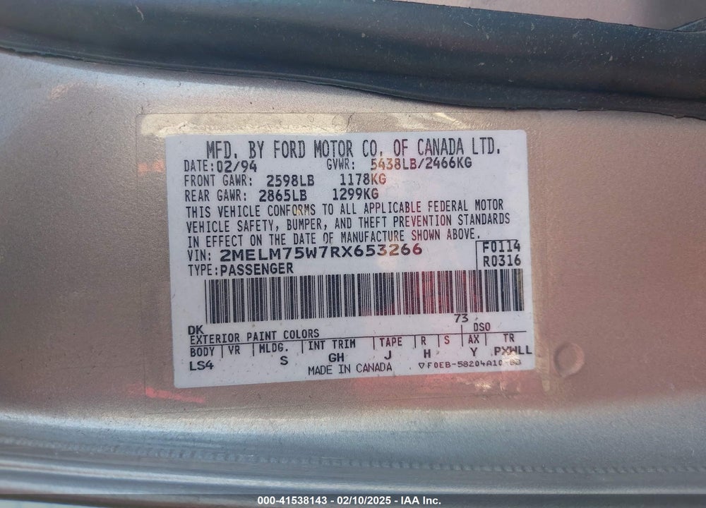 1994 MERCURY GRAND MARQUIS LS VIN: 2MELM75W7RX653266