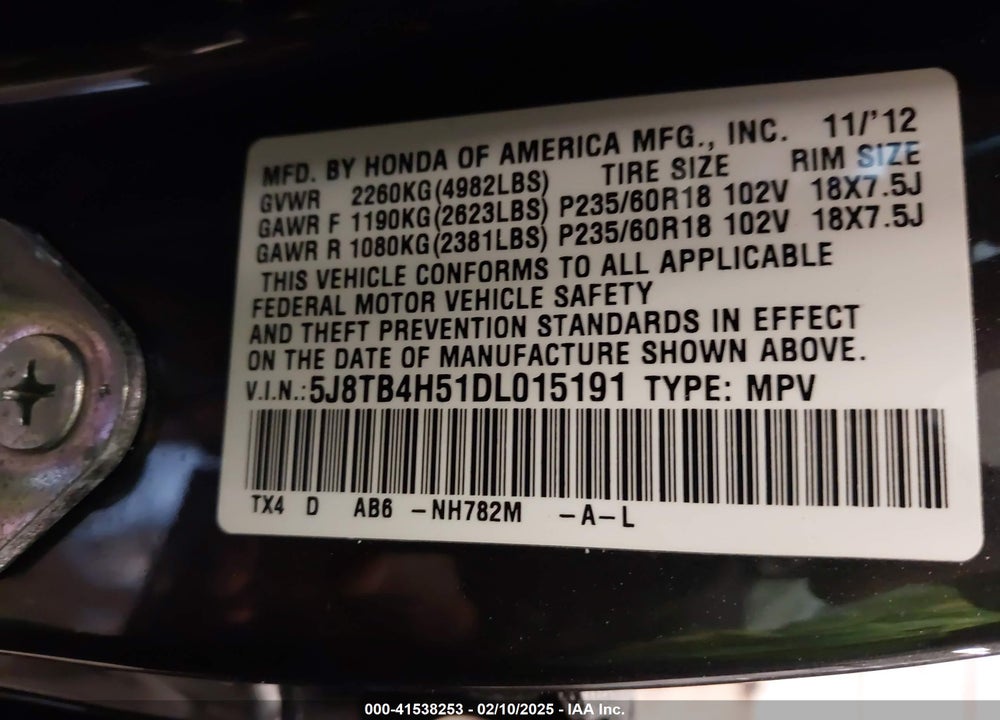 2013 ACURA RDX VIN: 5J8TB4H51DL015191