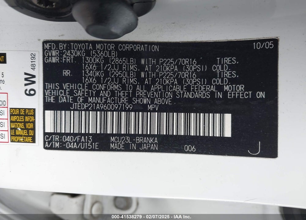 2006 TOYOTA HIGHLANDER VIN: JTEDP21A960097199