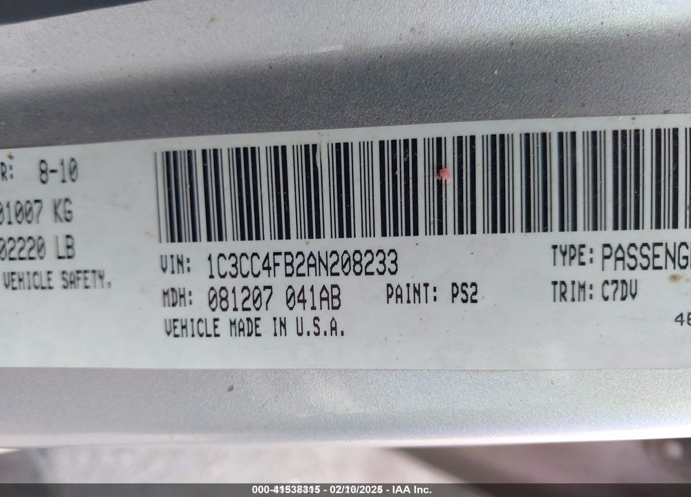 2010 CHRYSLER SEBRING TOURING VIN: 1C3CC4FB2AN208233