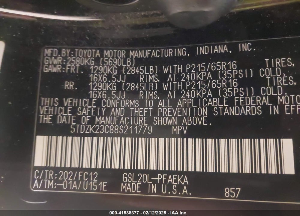 2008 TOYOTA SIENNA CE/LE VIN: 5TDZK23C88S211779