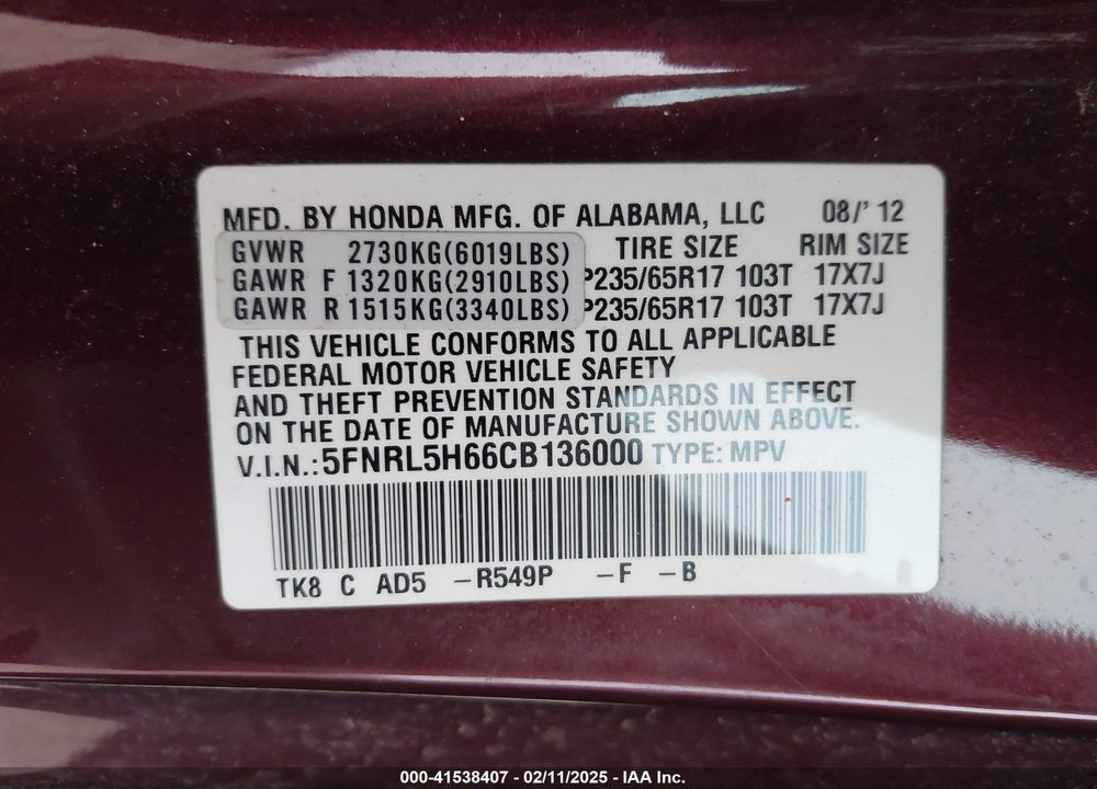 2012 HONDA ODYSSEY EX-L VIN: 5FNRL5H66CB136000